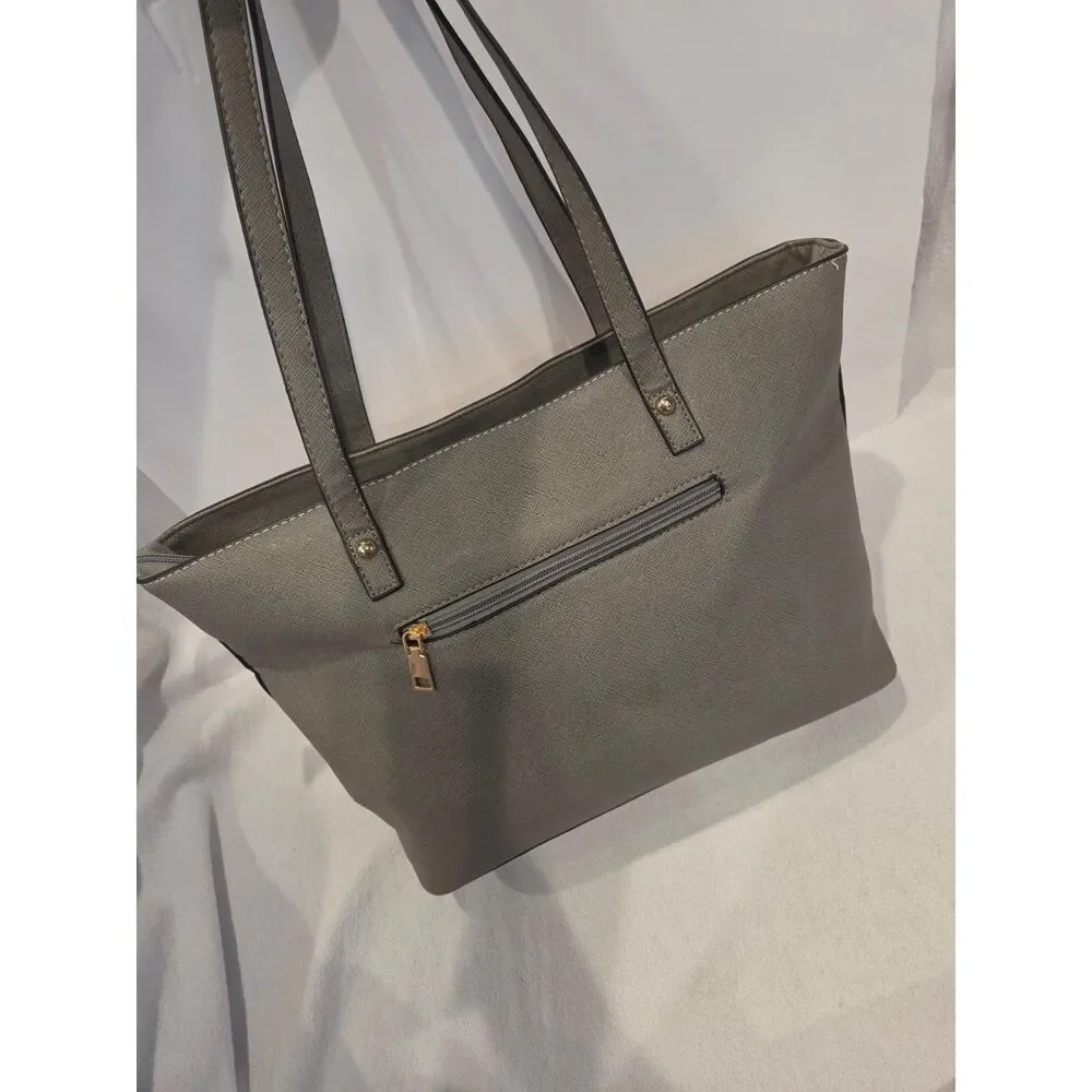 Elim & Paul Cream Gray Structured Tote Bag Saffiano Faux Leather Gold Hardware